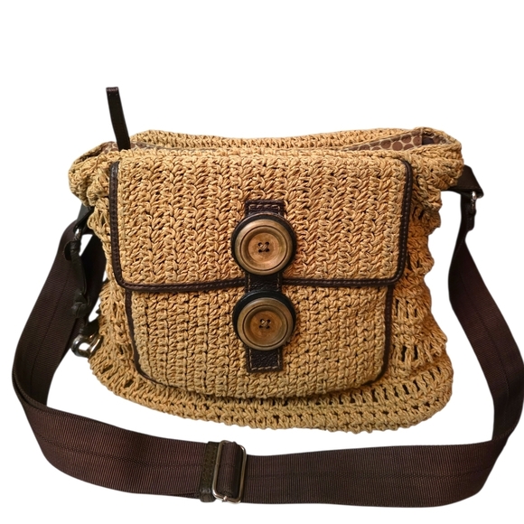 Brighton Handbags - RARE Brighton Raffia Straw Crossbody Bag Boho Luxe Leather Heart Embossed Vintag